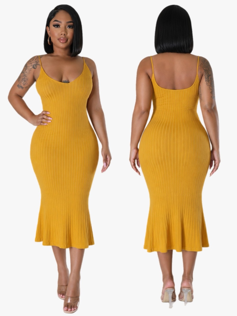 NWT Boutique Mustard Yellow Ribbed Bodycon Flare Bottom Dress Women’s Size XL